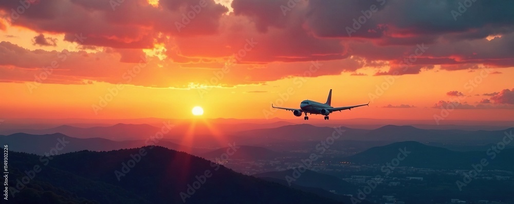 Small plane against a backdrop of warm colors at dusk, landscape, orange Small plane against a backdrop of warm colors at dusk, landscape, orange