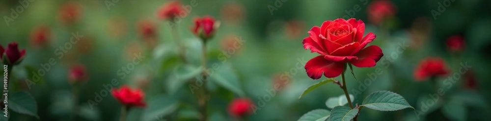 Soft focus red rose amidst an overgrown garden with vines and gray foliage, foliage, focal Soft focus red rose amidst an overgrown garden with vines and gray foliage, foliage, focal