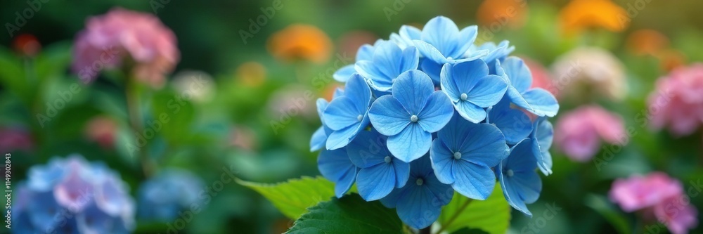 Blue hydrangea in a garden with other flowers, bloom, hydrangea Blue hydrangea in a garden with other flowers, bloom, hydrangea
