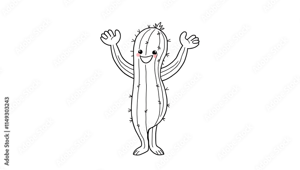 Obraz premium “Dancing Cactus Outline Only, No Fill Color, Thicker Line” – A doodle of a cactus with arms raised in a dancing pose, outlined with thick lines and no fill color on a white background. 