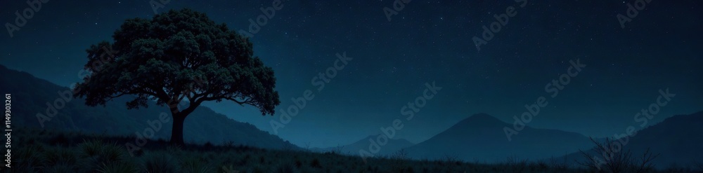 Dark forest with a lone fig tree on black background, mysterious, night sky Dark forest with a lone fig tree on black background, mysterious, night sky