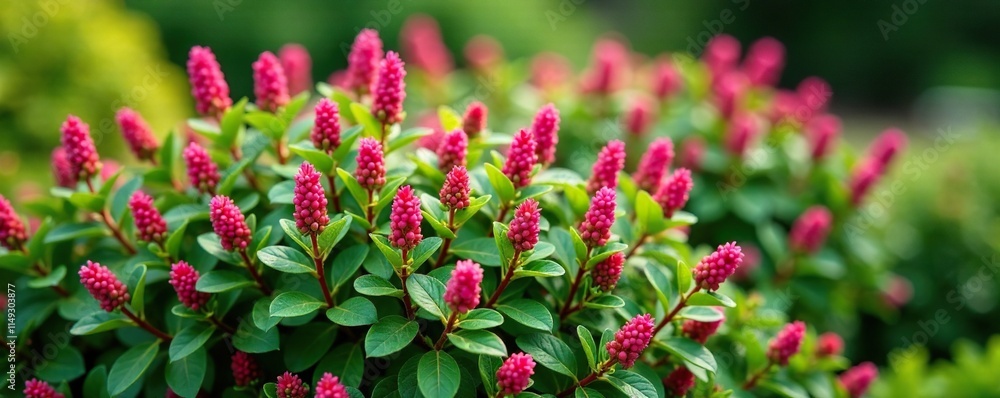 A lush barberry bush with vibrant green foliage and pink flowers, garden, outdoor A lush barberry bush with vibrant green foliage and pink flowers, garden, outdoor