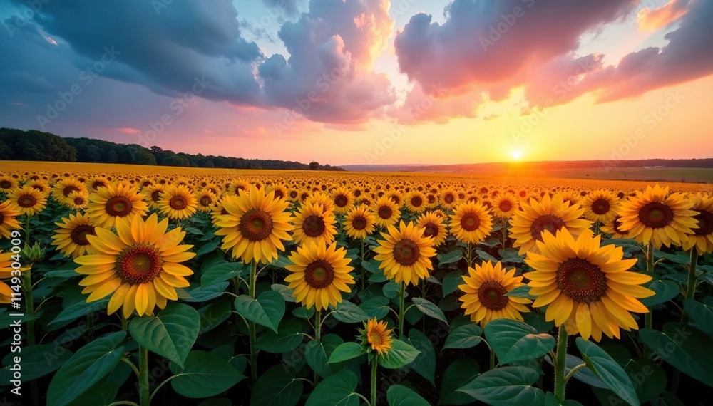 Obraz premium Field of golden sunflowers at sunrise with blue and pink hues, landscape, yellow