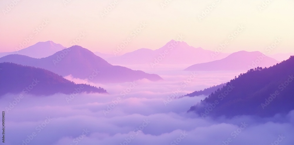 Fototapeta premium Fog wraps around pale purple mountains like a veil, pastel colors, calm scenery, serene vistas