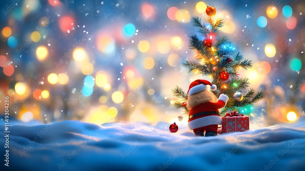 Obraz premium Santa Decorating Christmas Tree Snowy Night Scene