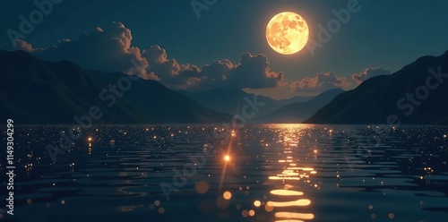 Glimmering moonlit water with gold reflections, water, moonlight, shine photo