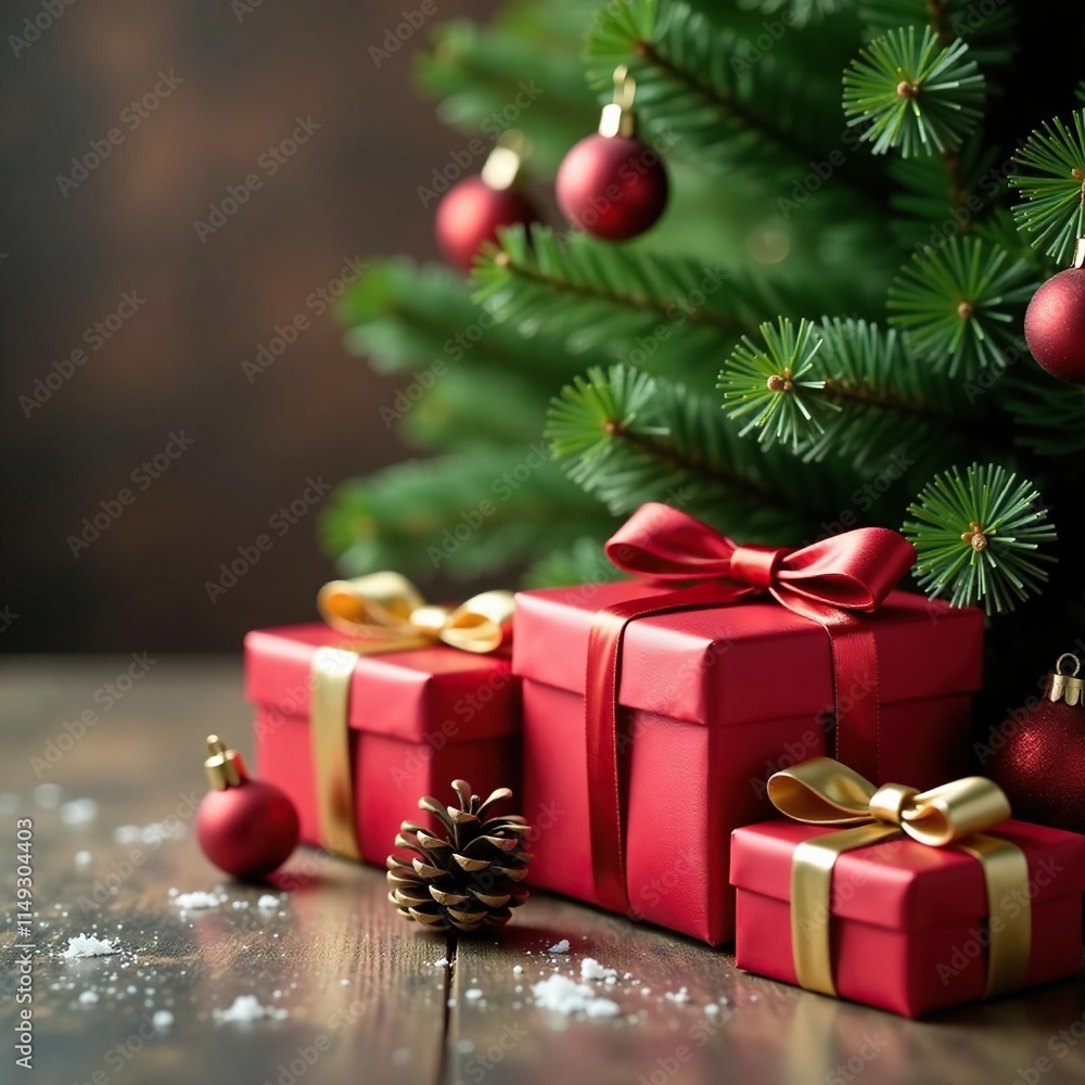 Gift boxes and presents under a festive Christmas tree, pinecones, evergreen Gift boxes and presents under a festive Christmas tree, pinecones, evergreen