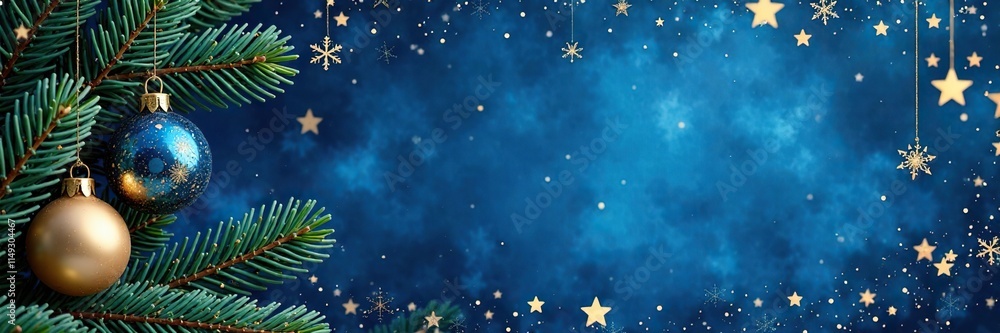 Fototapeta premium Blue background with gold ornaments and starry night scene featuring pine branches, snowflakes, pine branches, blue and gold decorations