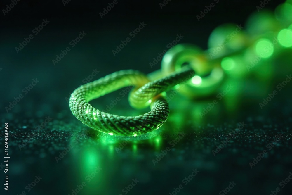 Fototapeta premium Green glowing gold chain links on dark surface with reflection, glow in the dark, glow, link
