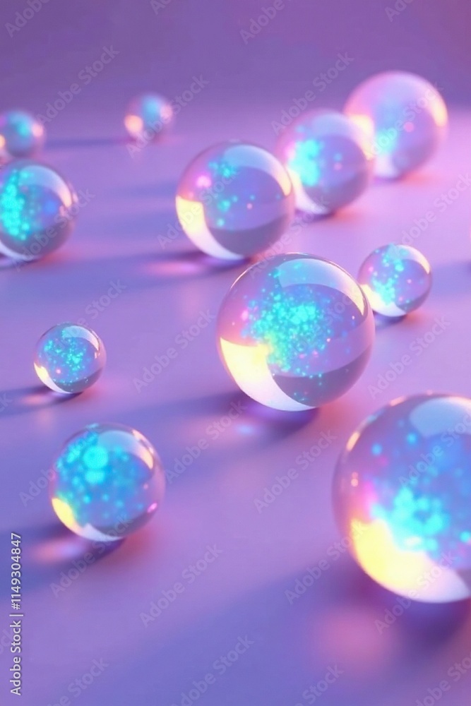 Iridescent opal spheres scattered on a soft purple background, opal, iridescent, dreamy Iridescent opal spheres scattered on a soft purple background, opal, iridescent, dreamy