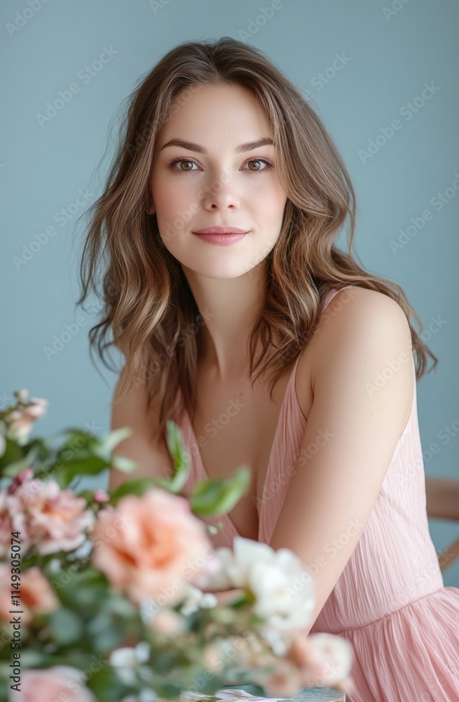 A beautiful woman wearing a pink dress, with delicate skin and makeup, and long hair is sitting at a table in front of her, holding flowers A beautiful woman wearing a pink dress, with delicate skin and makeup, and long hair is sitting at a table in front of her, holding flowers