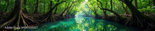 Mangrove creek with overgrown vegetation and twisted branches, overgrown vegetation, natural obstacles, mangroves
