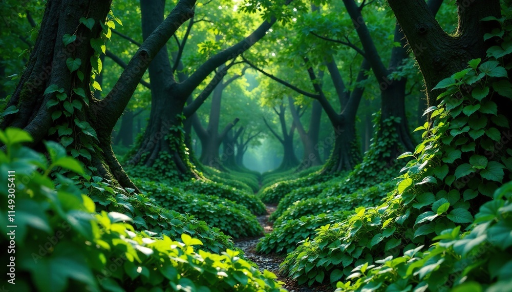 Fototapeta premium Dense thicket of green foliage with vines and creepers, vegetation, dense