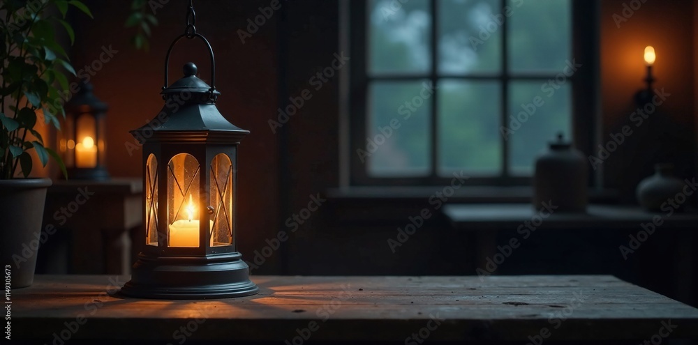 Elegant lanterns suspended from a darkened wooden table against the backdrop of a shadowy room, lantern on table, mysterious ambiance, cozy atmosphere Elegant lanterns suspended from a darkened wooden table against the backdrop of a shadowy room, lantern on table, mysterious ambiance, cozy atmosphere