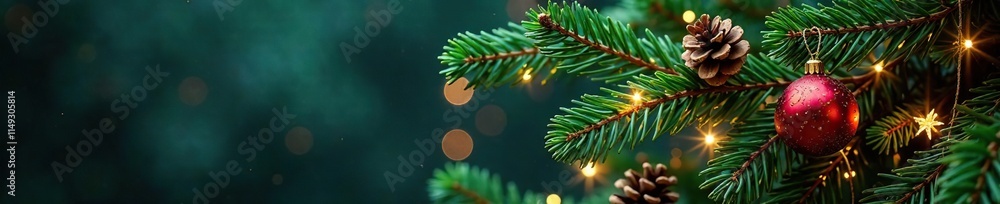 Fir branch with fairy lights, ornaments, and pinecones, Christmas tree ornaments, pinecone arrangement, sparkling evergreen Fir branch with fairy lights, ornaments, and pinecones, Christmas tree ornaments, pinecone arrangement, sparkling evergreen