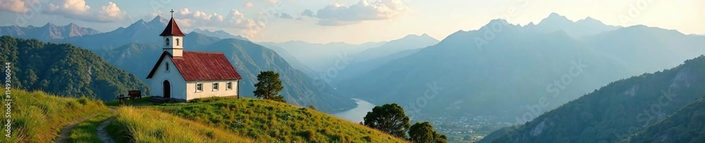 Small chapel nestled in the hills with a stunning view of the surrounding mountains, panoramic view, rural Small chapel nestled in the hills with a stunning view of the surrounding mountains, panoramic view, rural