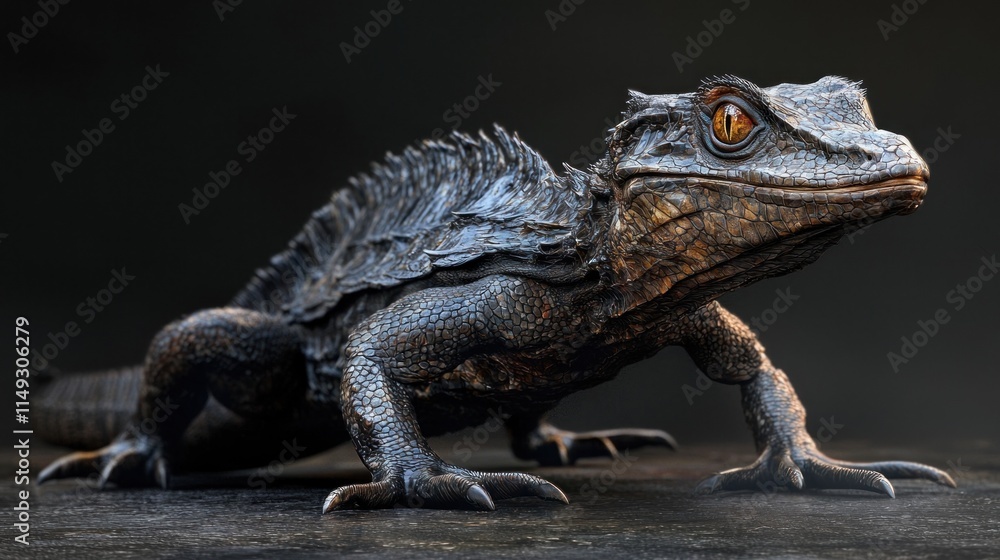 Detailed View of a Majestic Lizard in Full Body Stance with Textured Scales and Striking Eye Color on Dark Background Detailed View of a Majestic Lizard in Full Body Stance with Textured Scales and Striking Eye Color on Dark Background
