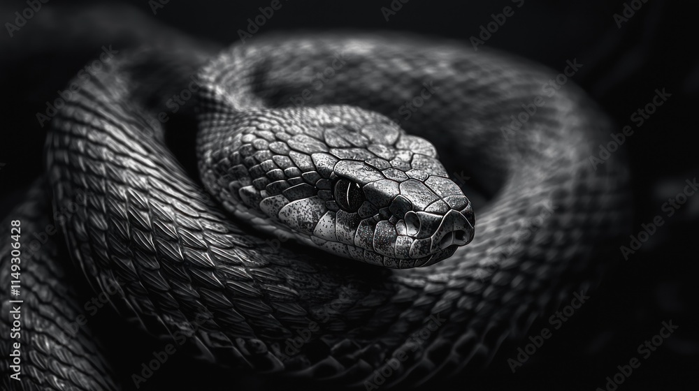 Obraz premium Captivating Close-Up of a Beautiful Black and White Snake Curled Up with Intricate Scales and Textured Skin