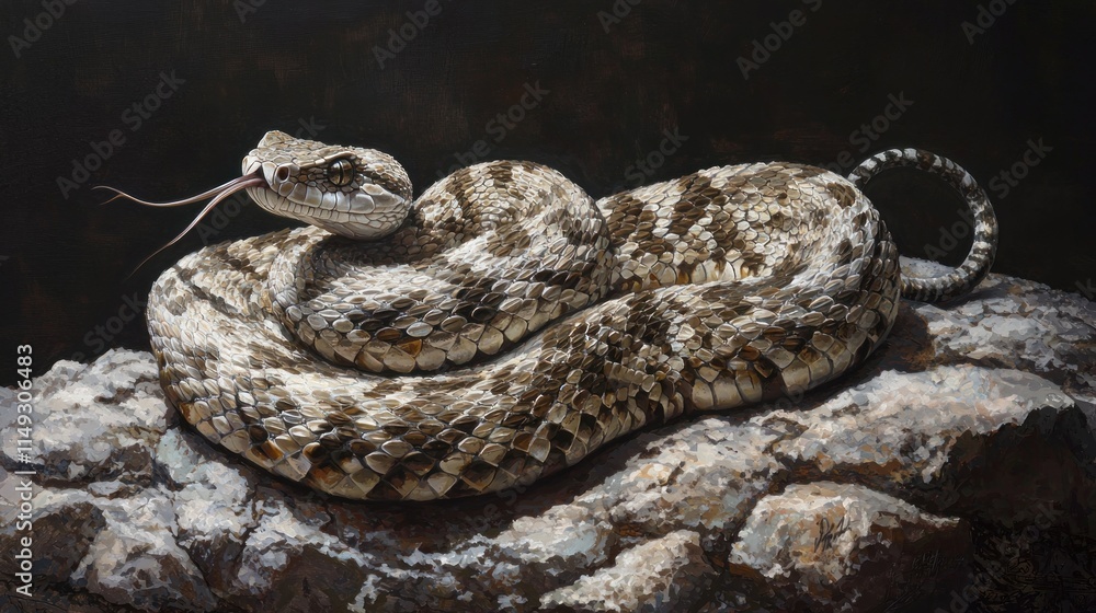 Obraz premium Realistic Close-Up of a Brown Snake Curled on a Rock, Displaying Textured Scales and Flicking Tongue in a Natural Setting