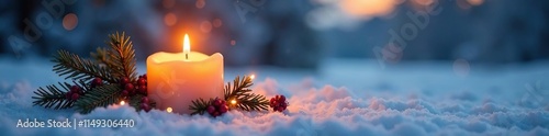 Softly glowing avent candle on snowy landscape, peaceful ambiance, winter scene, christmas decorations