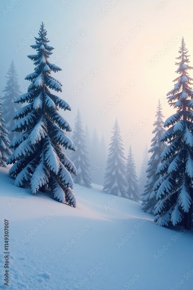 Fototapeta premium Misty veil wraps around the snow-covered trees, foggy, landscape