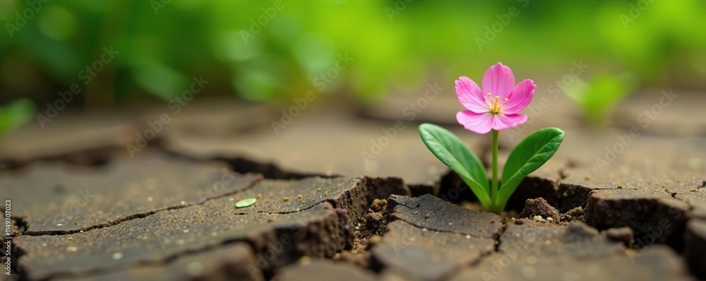 Tiny pink flower peeking out of cracked earth, natural world, botanical wonder, greenery surround Tiny pink flower peeking out of cracked earth, natural world, botanical wonder, greenery surround