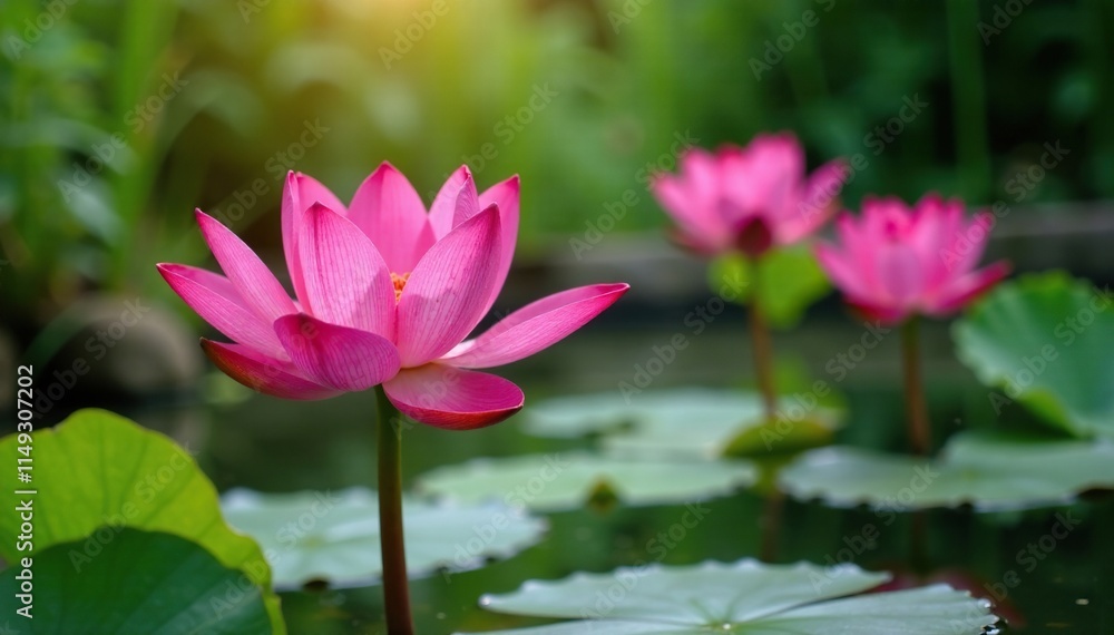 Vibrant pink eustoma flowers blooming in a garden pond, aquatic plants, water lilies Vibrant pink eustoma flowers blooming in a garden pond, aquatic plants, water lilies
