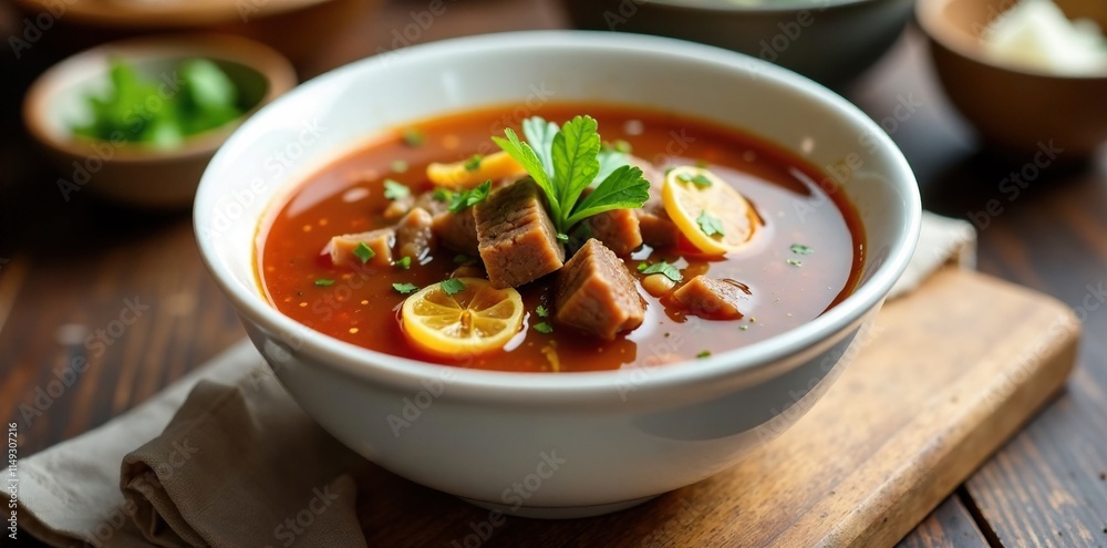 Warm beef radish soup in a white ceramic bowl, ceramic bowl, comforting, inviting Warm beef radish soup in a white ceramic bowl, ceramic bowl, comforting, inviting