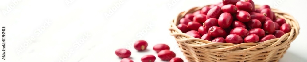 Wicker basket filled with red bean pods on a white background, beans, green, natural Wicker basket filled with red bean pods on a white background, beans, green, natural