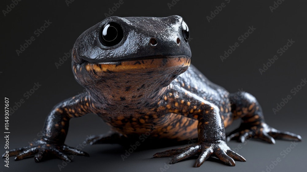 Obraz premium Close-Up View of a Realistic Frog Highlighting Textures and Detail on Its Body and Face Against a Dark Background