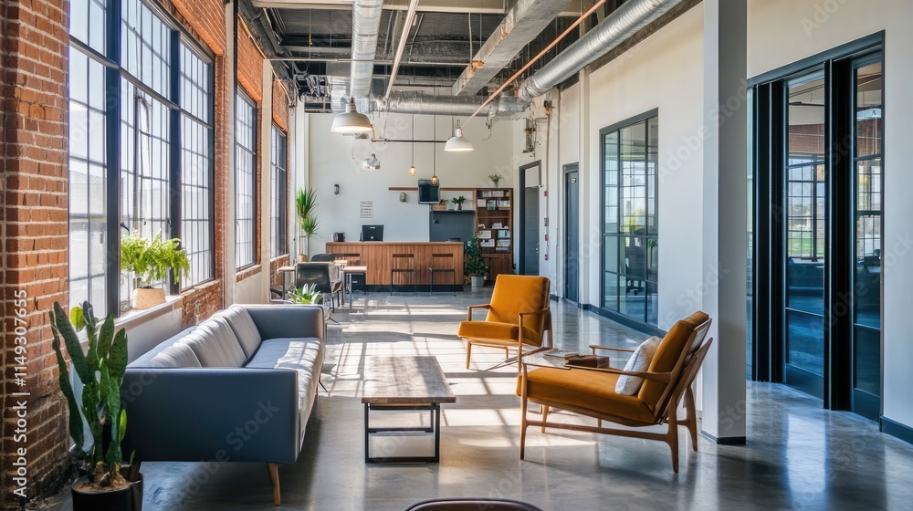 Spacious and contemporary co-working space with modern furniture and natural light Spacious and contemporary co-working space with modern furniture and natural light