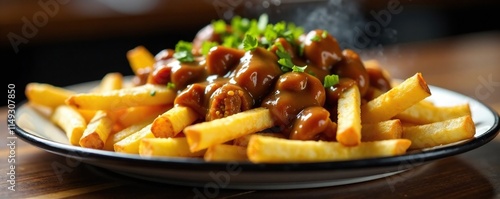 Sizzling plate of French fries topped with cheese curds and rich meaty gravy sauce, satisfying, steaming