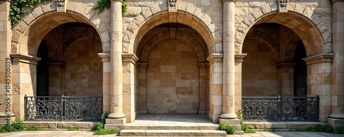 Ancient stone arches with ornate iron railings, arches, metal railings photo