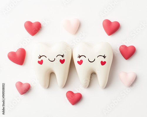 cartoon illustration of two teeth in love, kissing with red hearts floating around them. The charming design symbolizes romance and care, perfect for themes of dental health with a fun, affectionate t photo