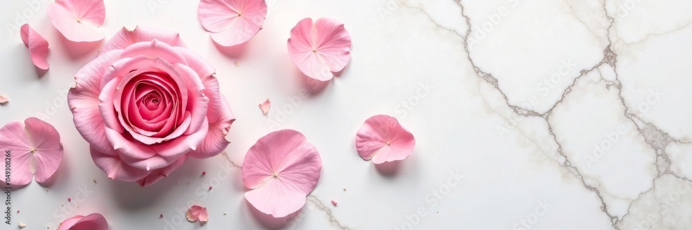 Fototapeta premium Soft pink rose petals scattered on white marble surface, simplicity, white, garden