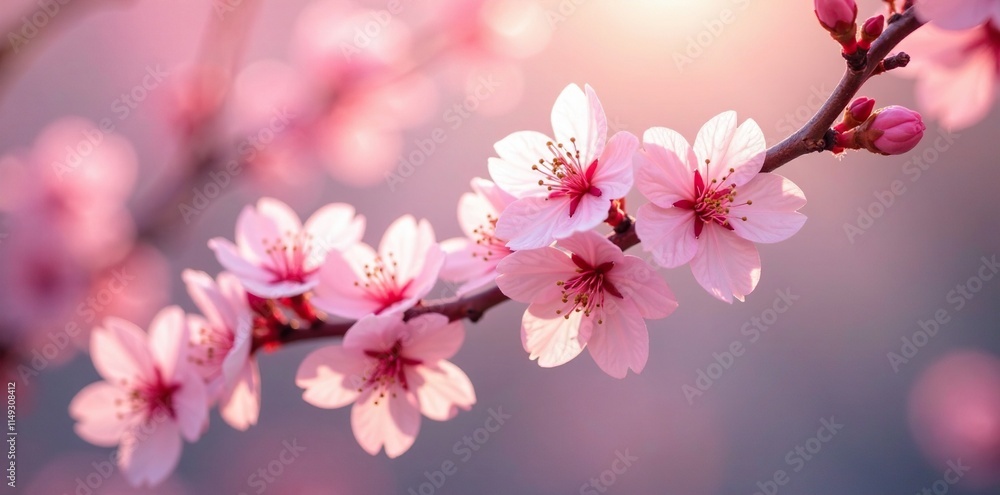 Cherry blossom branches with delicate stems and clusters of pink and white flowers in soft morning light, cherry blossoms, pink flowers Cherry blossom branches with delicate stems and clusters of pink and white flowers in soft morning light, cherry blossoms, pink flowers