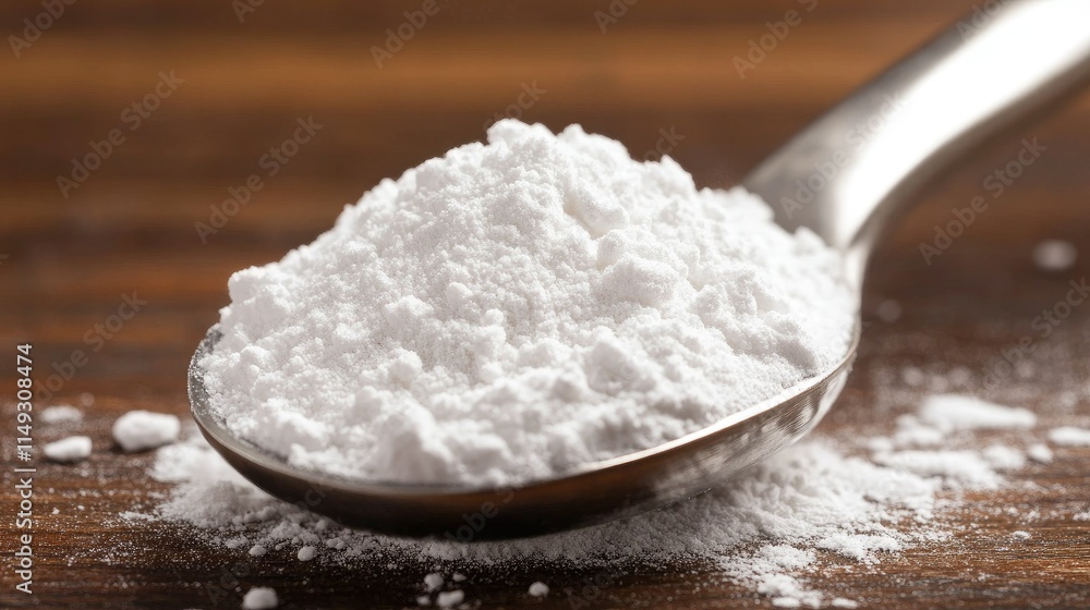 A close-up of baking soda being sprinkled onto a kitchen surface with a metal spoon. A close-up of baking soda being sprinkled onto a kitchen surface with a metal spoon.