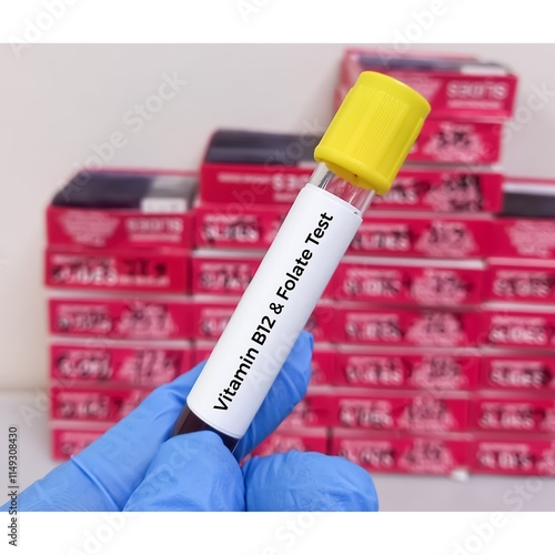 Blood sample for Vitamin B12 and Folate test, to check for nutritional status, anemia, and other conditions. Vitamin B9 test. photo