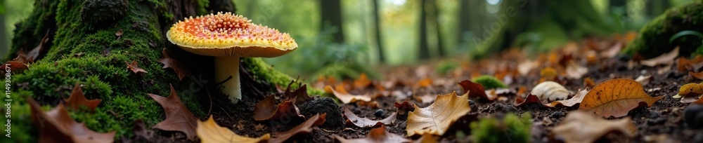 Damp fall woodland with rotting wood and Hymenopellis furfuracea mushroom roots, fungi, forest biodiversity, leaf litter Damp fall woodland with rotting wood and Hymenopellis furfuracea mushroom roots, fungi, forest biodiversity, leaf litter