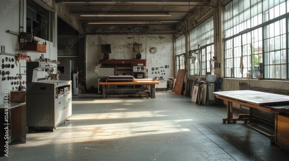 Spacious and vacant print workshop with a clean, industrial design Spacious and vacant print workshop with a clean, industrial design