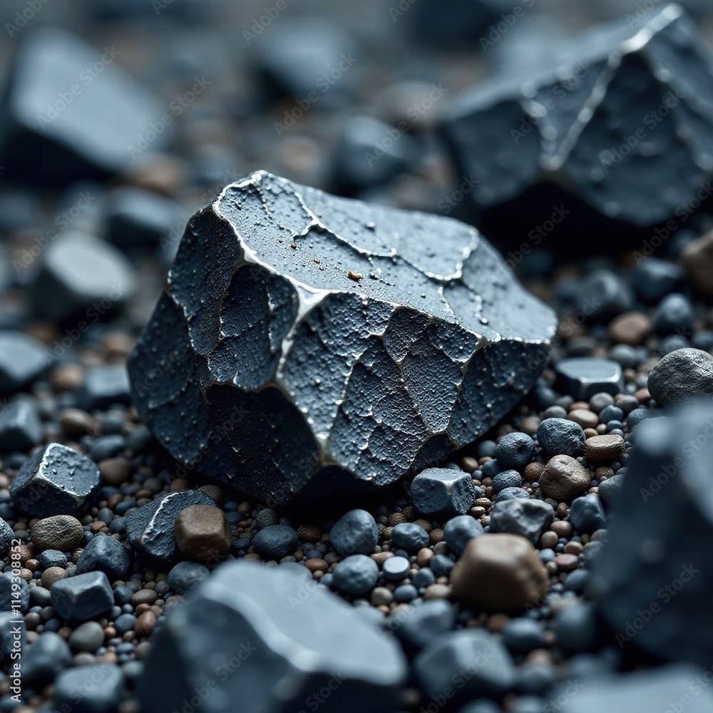 Dark grey lead zinc ore embedded in the rocky ground, detailed landscape view, landforms, lead zinc ore, dark grey