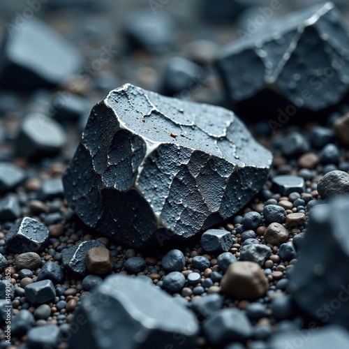 Obraz na płótnie Dark grey lead zinc ore embedded in the rocky ground, detailed landscape view, landforms, lead zinc ore, dark grey w salonie