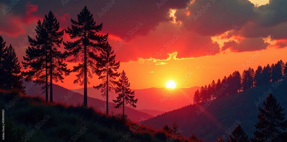 Trees engulfed in flames as sunset approaches, forest fire, fiery, blaze Trees engulfed in flames as sunset approaches, forest fire, fiery, blaze