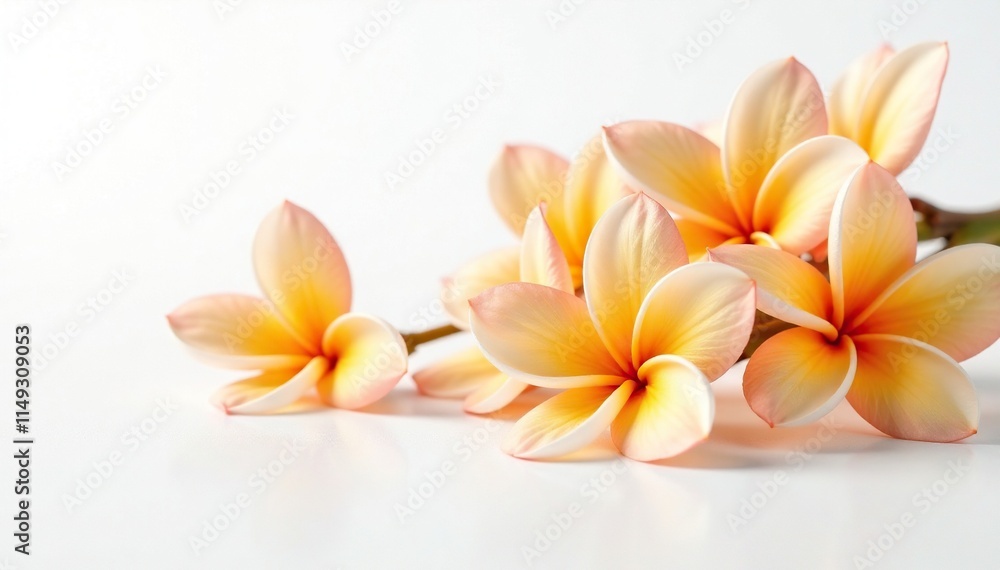 Delicate orange jasmine flowers unfold on a crisp white background, white, floral, orange Delicate orange jasmine flowers unfold on a crisp white background, white, floral, orange
