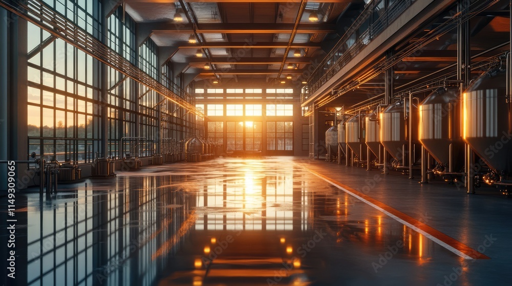 Spacious brewery interior with empty vats reflecting on the glossy floor at sunset Spacious brewery interior with empty vats reflecting on the glossy floor at sunset