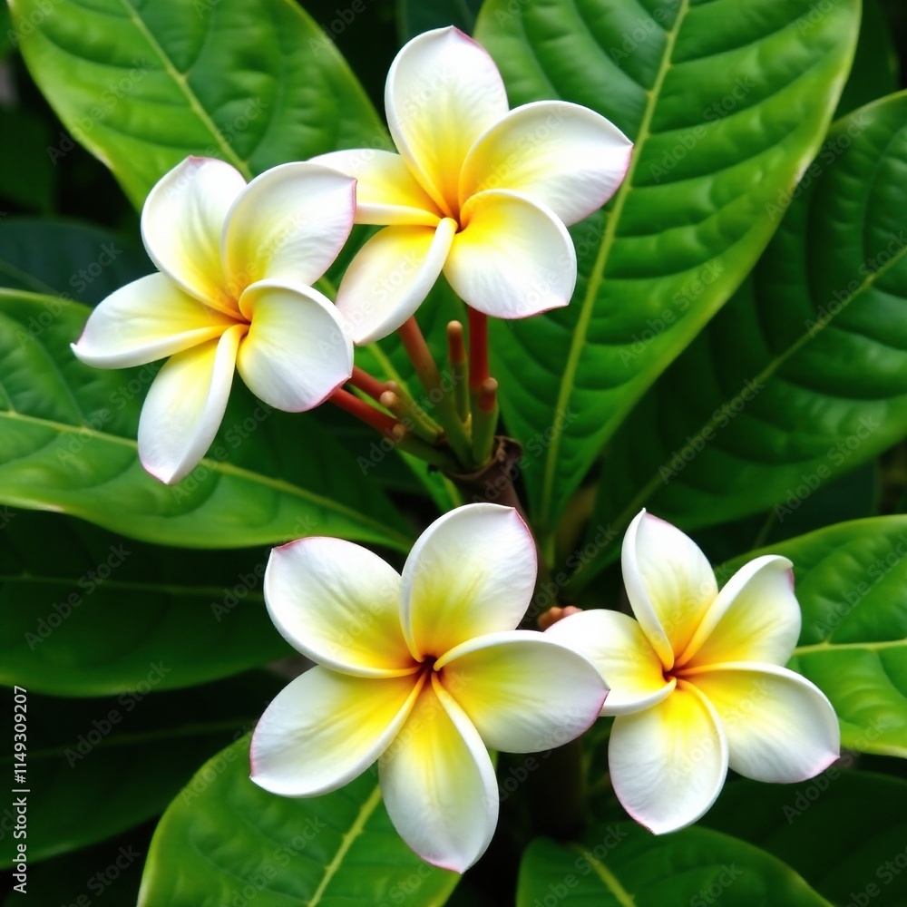 delicate white and yellow plumeria flowers arranged in a loose, organic shape on a lush green foliage background,, nature delicate white and yellow plumeria flowers arranged in a loose, organic shape on a lush green foliage background,, nature
