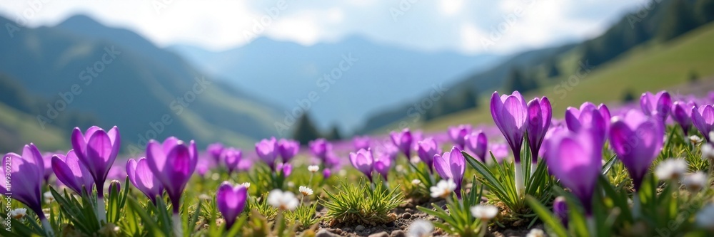 Fototapeta premium Vibrant purple crocuses swaying gently in the breeze amidst a sea of green mountains, purple crocus field, spring wildflowers, natural colors
