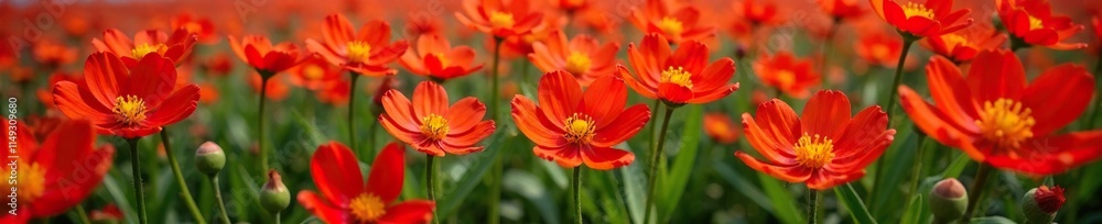 Field of vibrant red flowers with delicate yellow centers, green grass, garden flowers Field of vibrant red flowers with delicate yellow centers, green grass, garden flowers