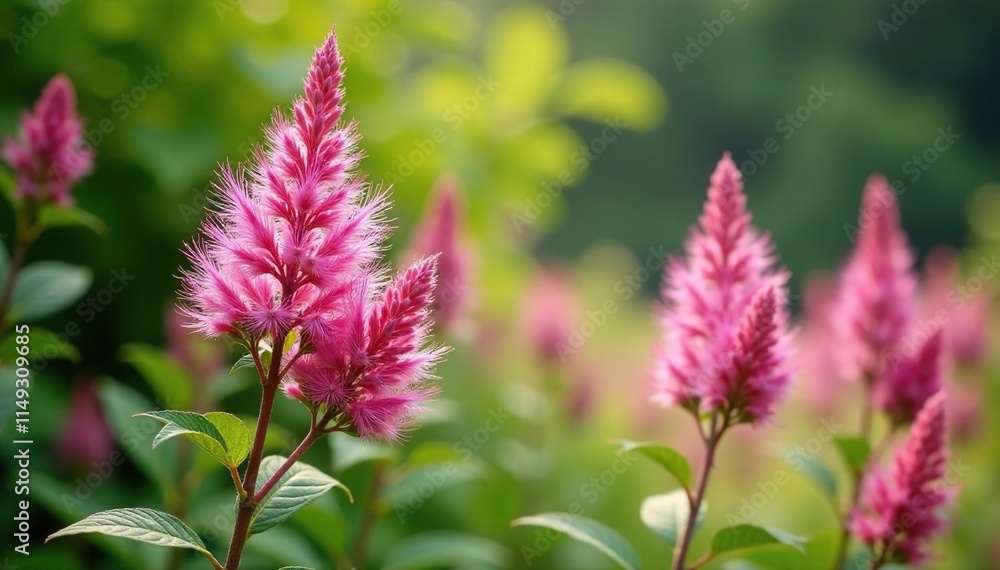 Feathery plumes of pink astilbe flowers swaying gently in summer breeze, feathery flowers, foliage interest Feathery plumes of pink astilbe flowers swaying gently in summer breeze, feathery flowers, foliage interest