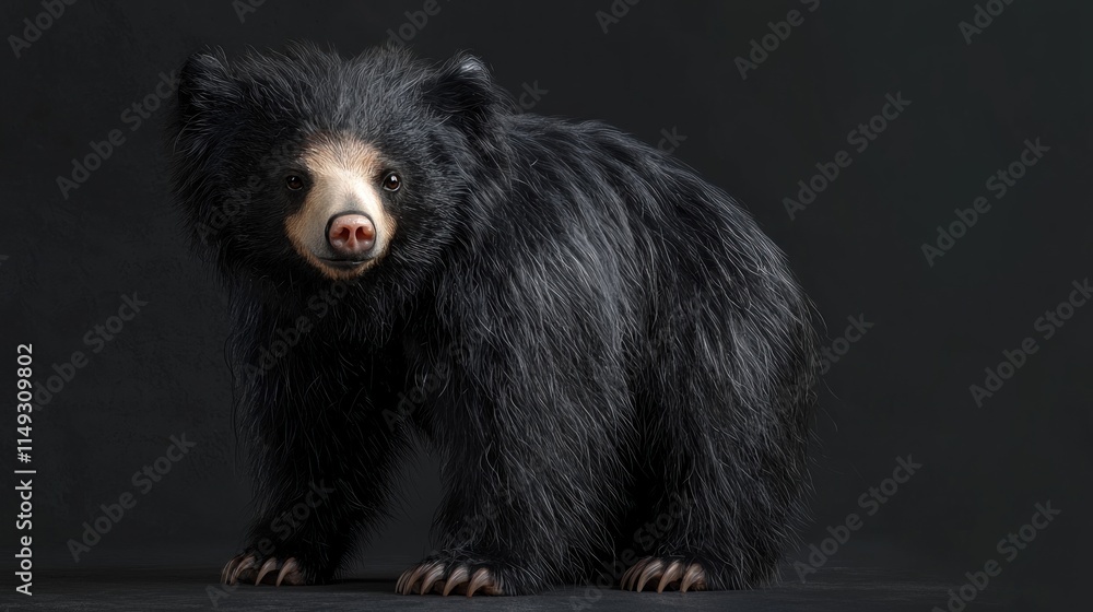 Full-Body Portrait of a Bear with Black Fur, Captured Against a Dark Background, Showcasing the Animal's Features and Textures Full-Body Portrait of a Bear with Black Fur, Captured Against a Dark Background, Showcasing the Animal's Features and Textures